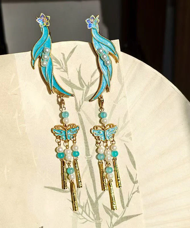 Classy Blue Sterling Silver Overgild Cloisonne Butterfly Tassel A Pair Hairpin - Image 4