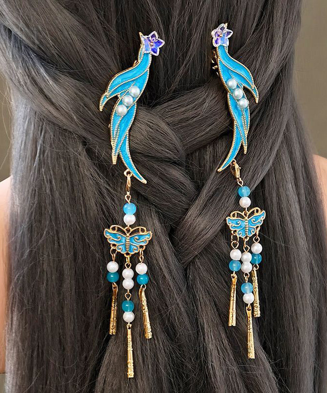 Classy Blue Sterling Silver Overgild Cloisonne Butterfly Tassel A Pair Hairpin - Image 5