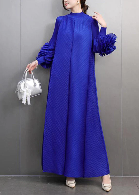 Classy Blue Turtleneck Wrinkled Maxi Dress Petal Sleeve - Image 2