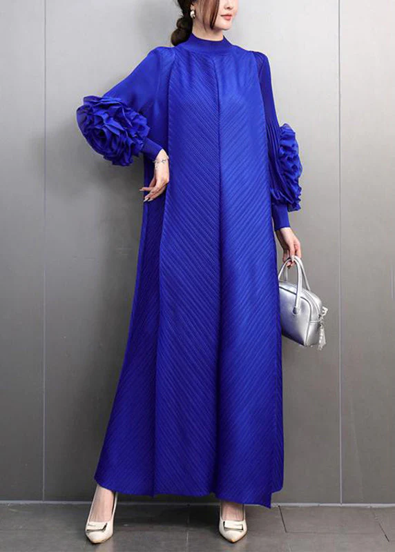 Classy Blue Turtleneck Wrinkled Maxi Dress Petal Sleeve - Image 3