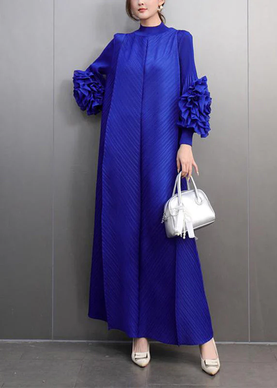 Classy Blue Turtleneck Wrinkled Maxi Dress Petal Sleeve - Image 4