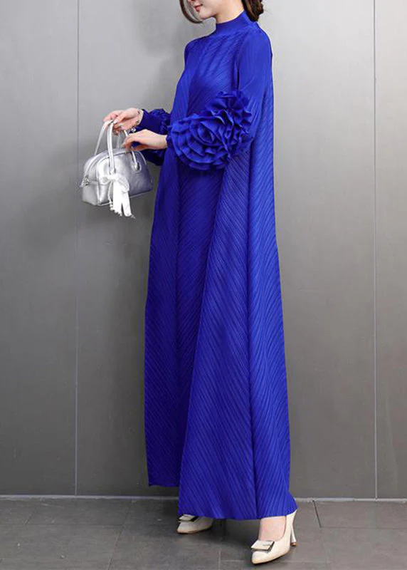 Classy Blue Turtleneck Wrinkled Maxi Dress Petal Sleeve - Image 5