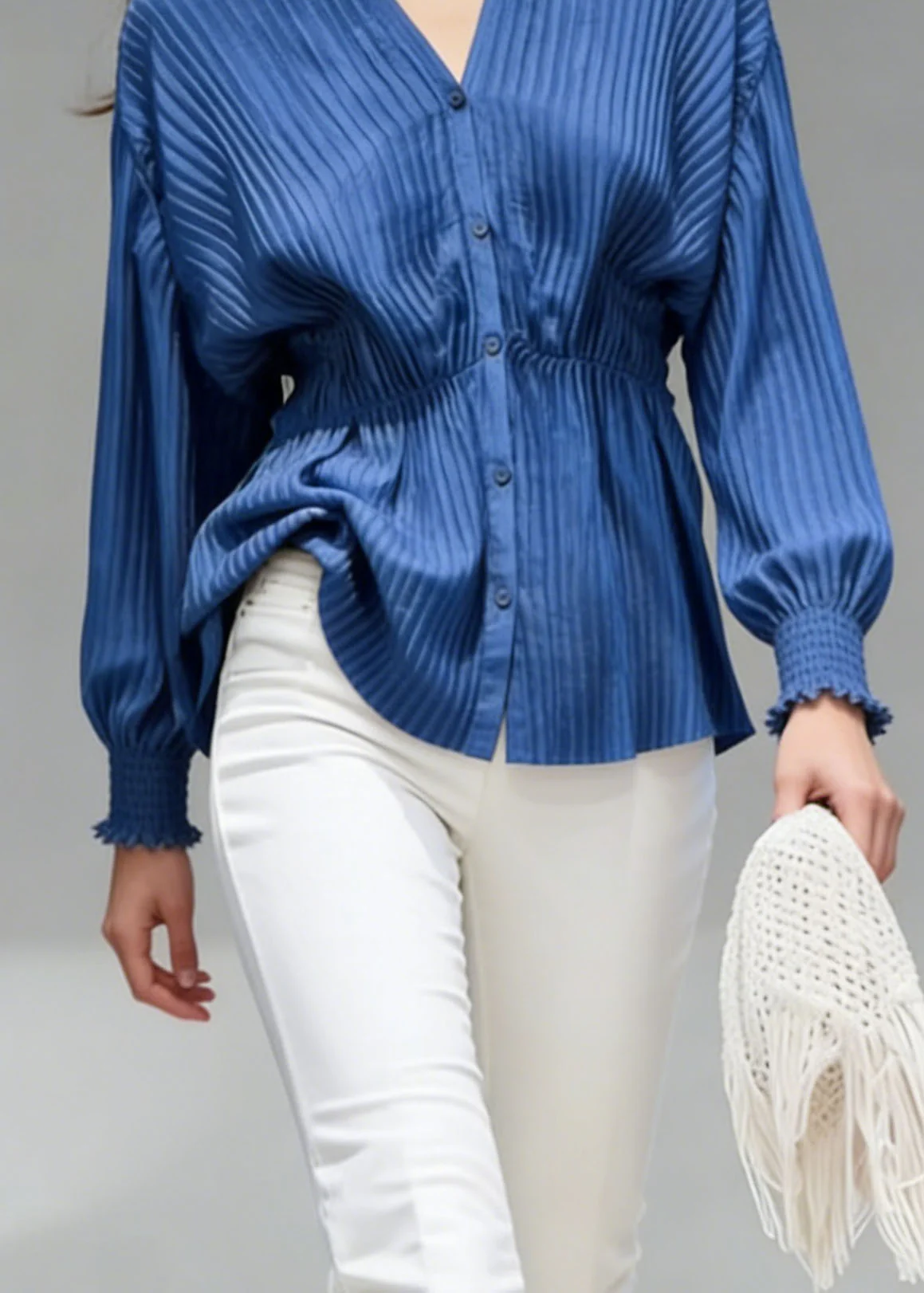 Classy Blue V Neck Button Patchwork Cotton Shirts Top Spring - Image 4