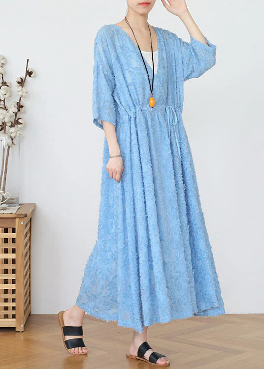 Classy Blue V Neck Cinched Hollow Out Chiffon Maxi Dress Long Sleeve - Image 2