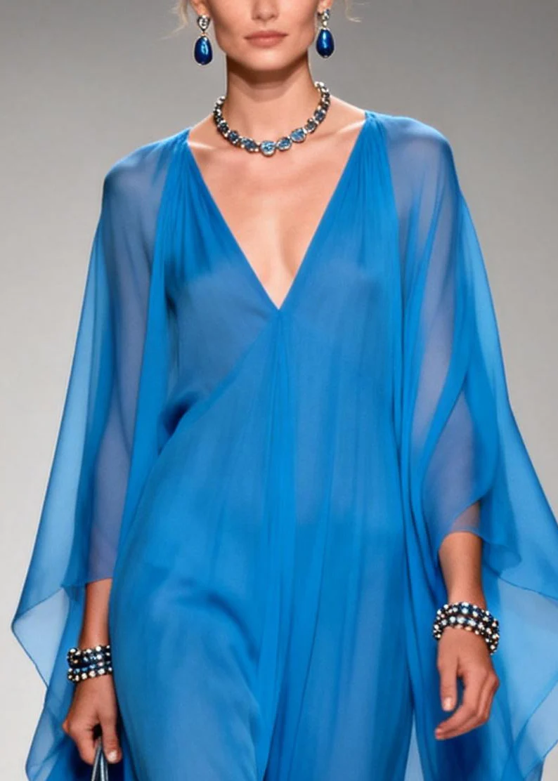 Classy Blue V Neck Draping Chiffon Dresses Summer - Image 2