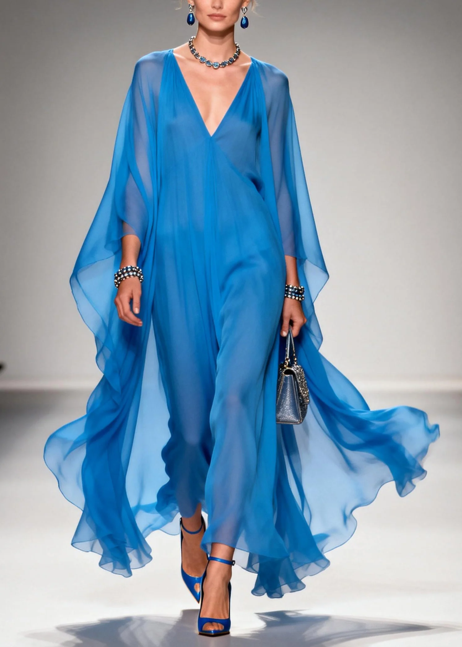 Classy Blue V Neck Draping Chiffon Dresses Summer - Image 3