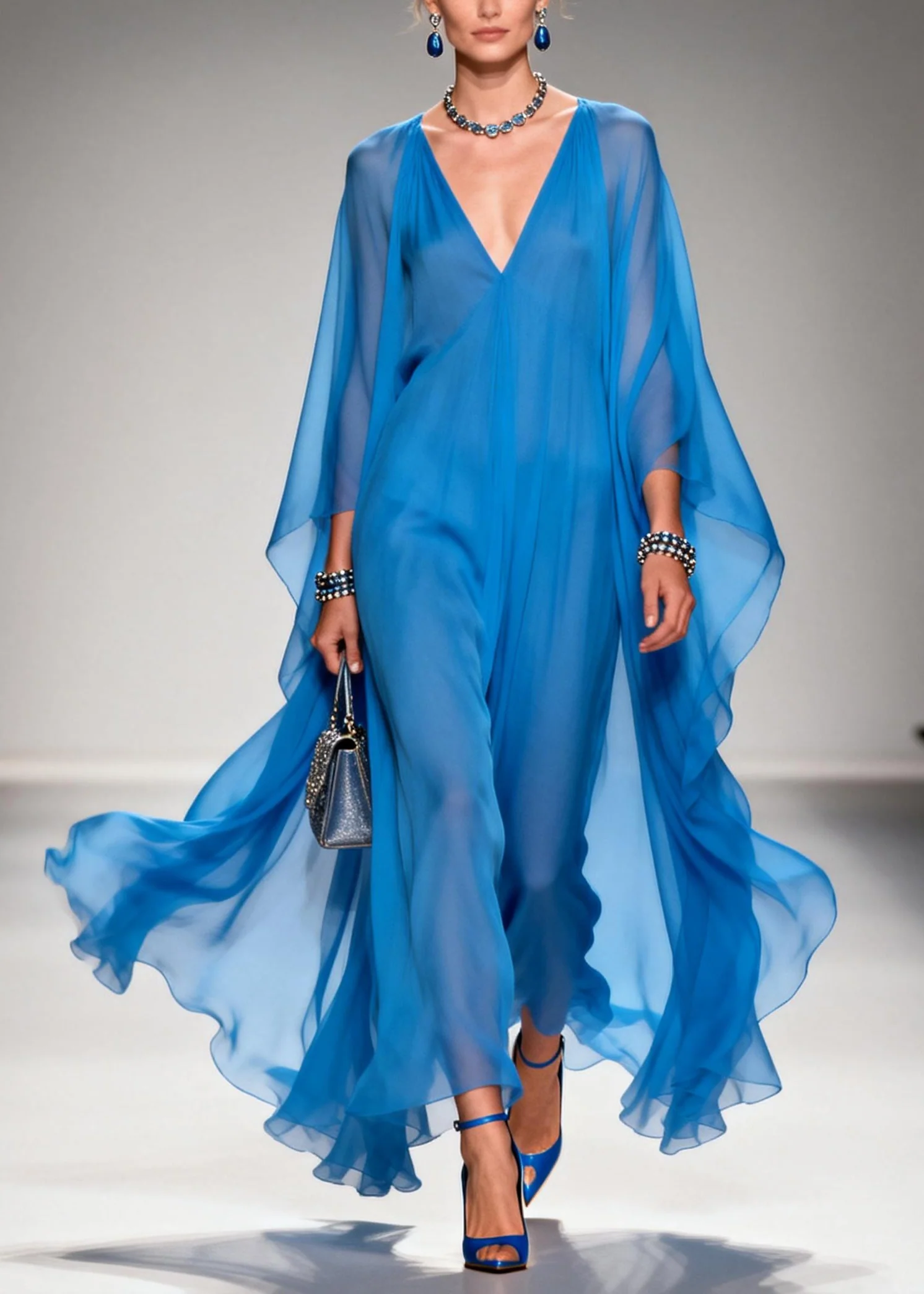 Classy Blue V Neck Draping Chiffon Dresses Summer - Image 5