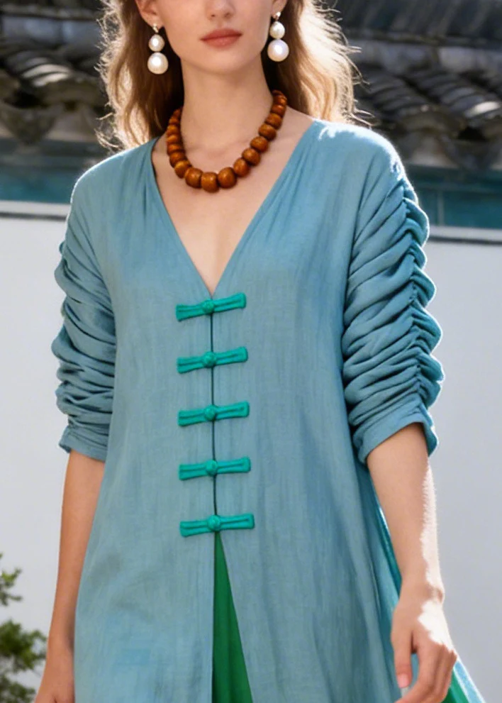 Classy Blue V Neck Patchwork Chinese Button Cotton Robe Dresses Summer - Image 2