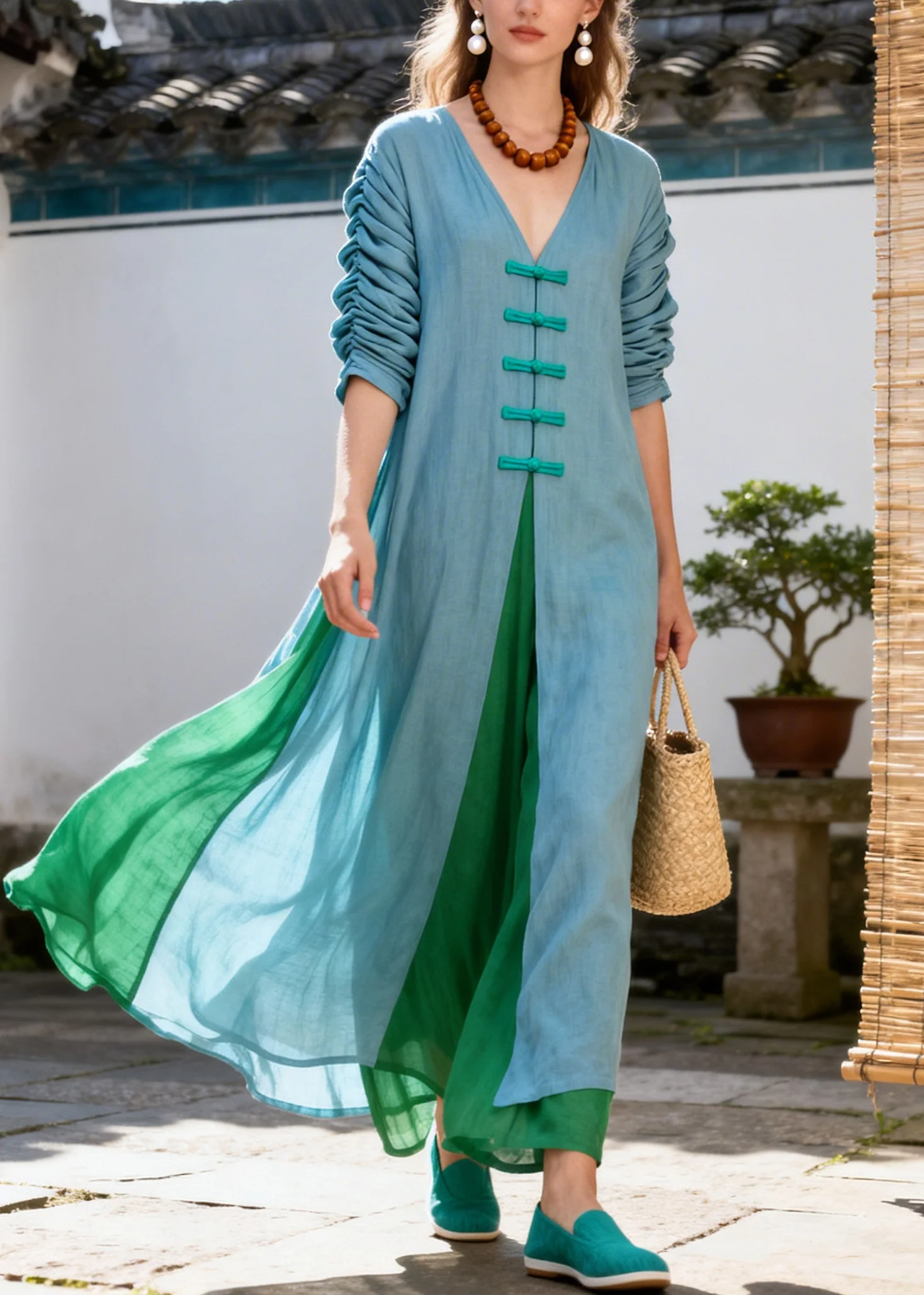 Classy Blue V Neck Patchwork Chinese Button Cotton Robe Dresses Summer - Image 3