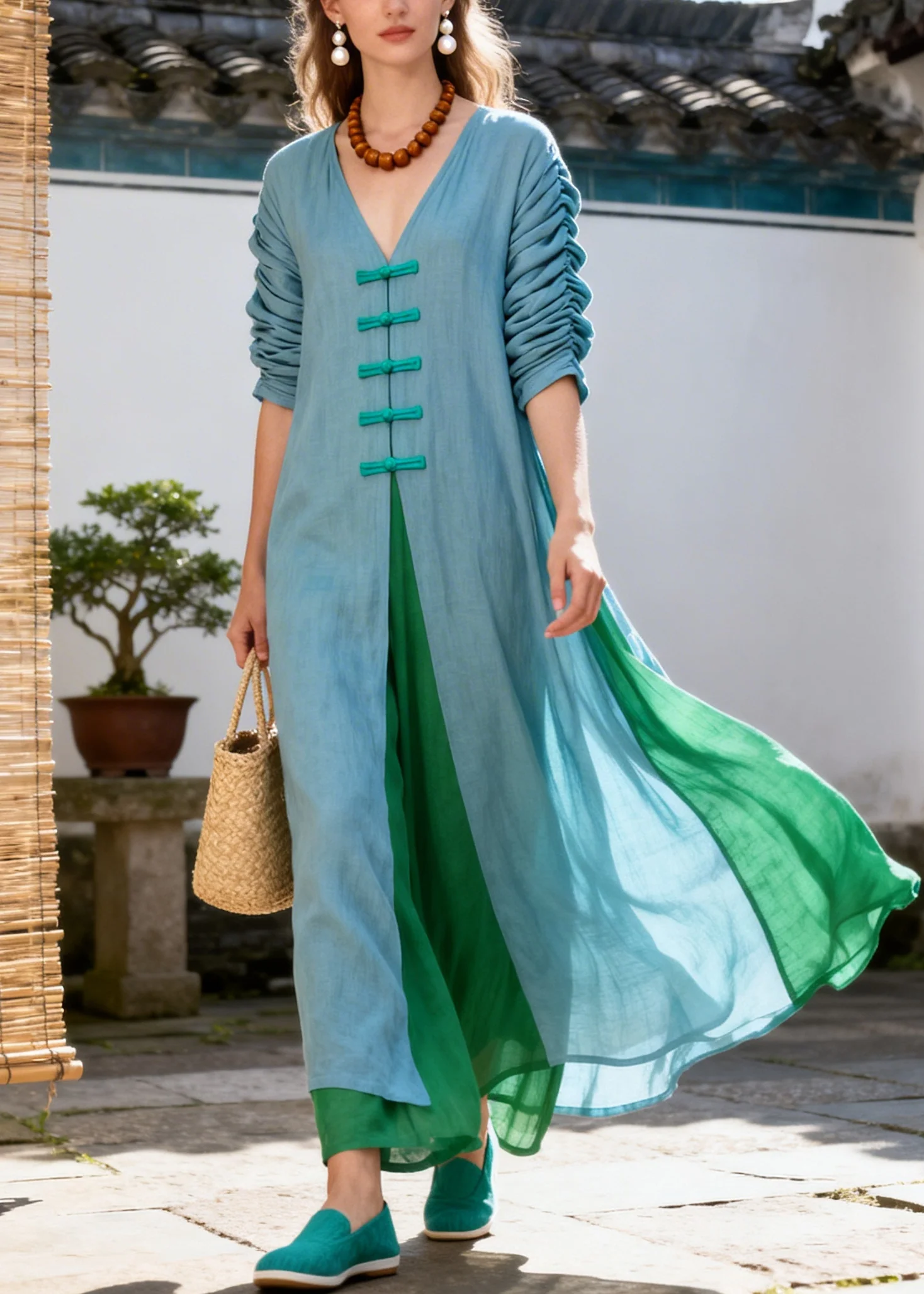 Classy Blue V Neck Patchwork Chinese Button Cotton Robe Dresses Summer - Image 5