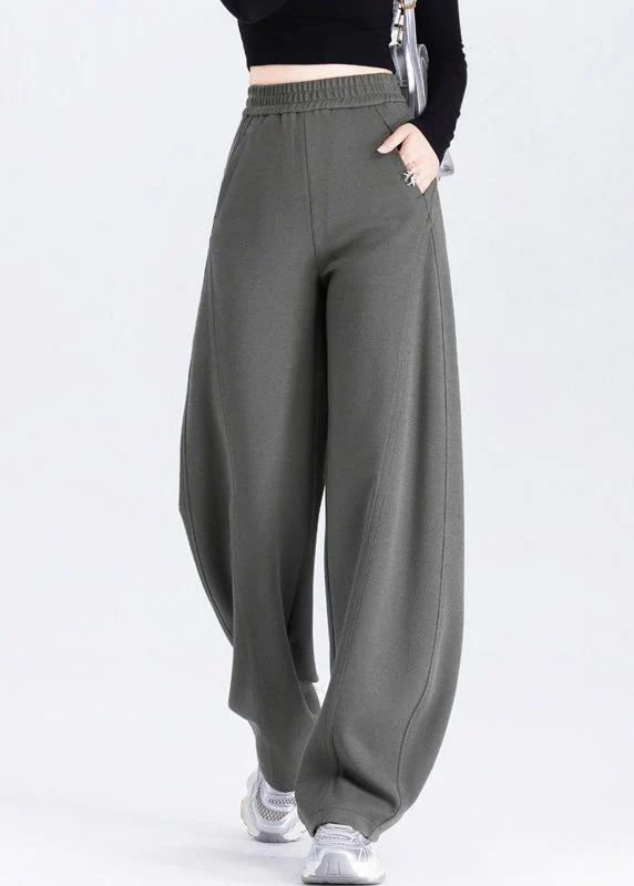 Classy Brown Elastic Waist Cotton Straight Pants Spring