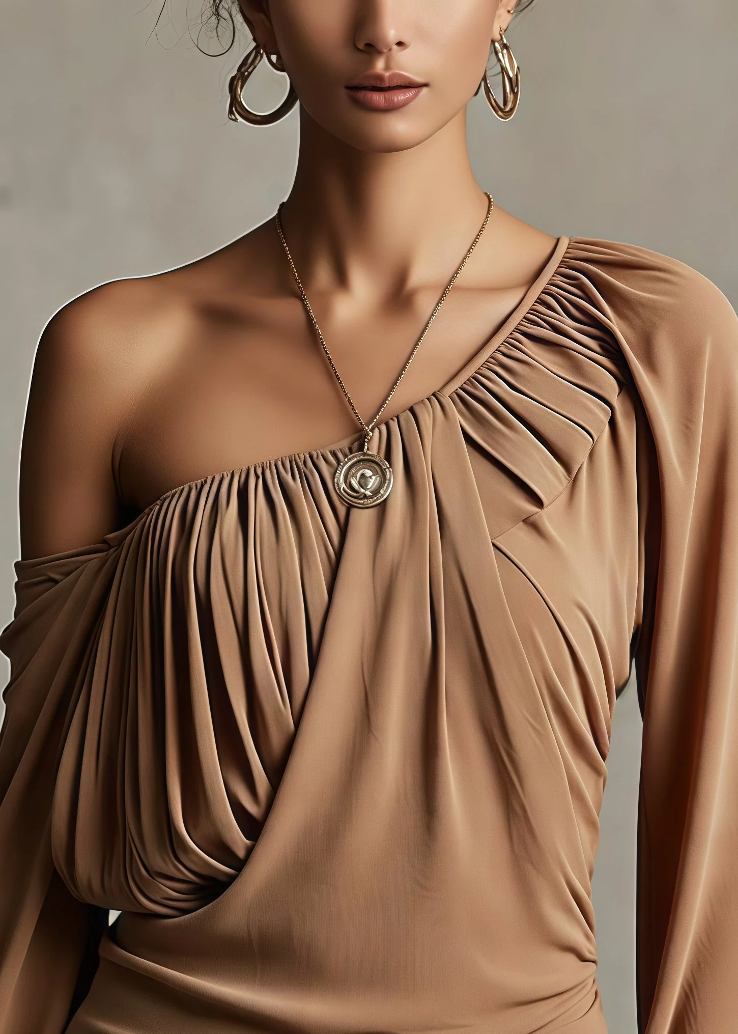 Classy Brown One Shoulder Wrinkled Chiffon Blouse Tops Spring - Image 2
