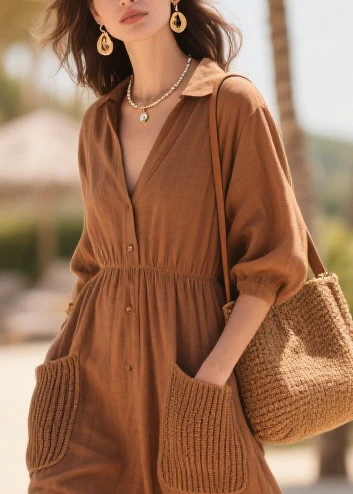 Classy Brown Peter Pan Collar Patchwork Pockets Cotton Dress Summer - Image 2