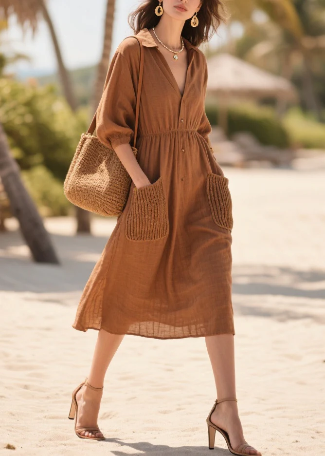 Classy Brown Peter Pan Collar Patchwork Pockets Cotton Dress Summer - Image 3