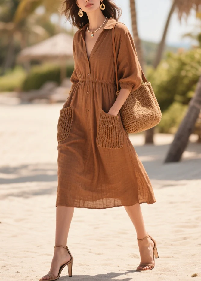 Classy Brown Peter Pan Collar Patchwork Pockets Cotton Dress Summer - Image 5