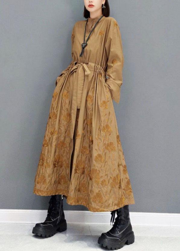 Classy Brown Pockets Tie Waist Embroideried Fall Long Sleeve Long Dress - Image 2