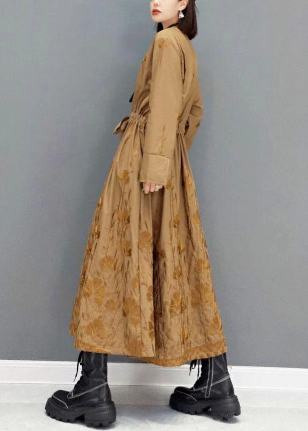 Classy Brown Pockets Tie Waist Embroideried Fall Long Sleeve Long Dress - Image 3