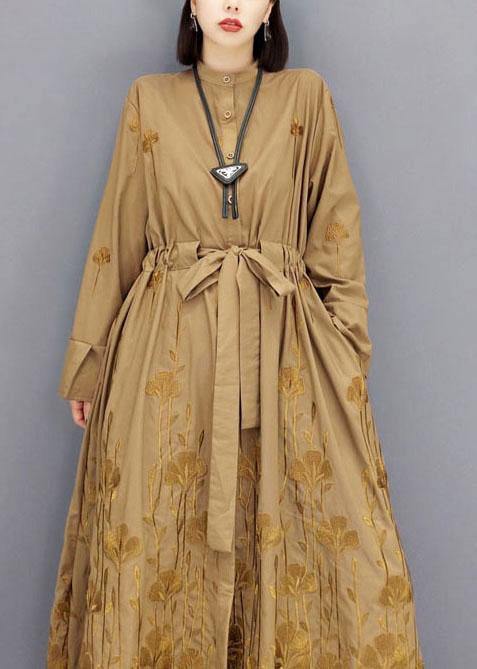 Classy Brown Pockets Tie Waist Embroideried Fall Long Sleeve Long Dress - Image 4