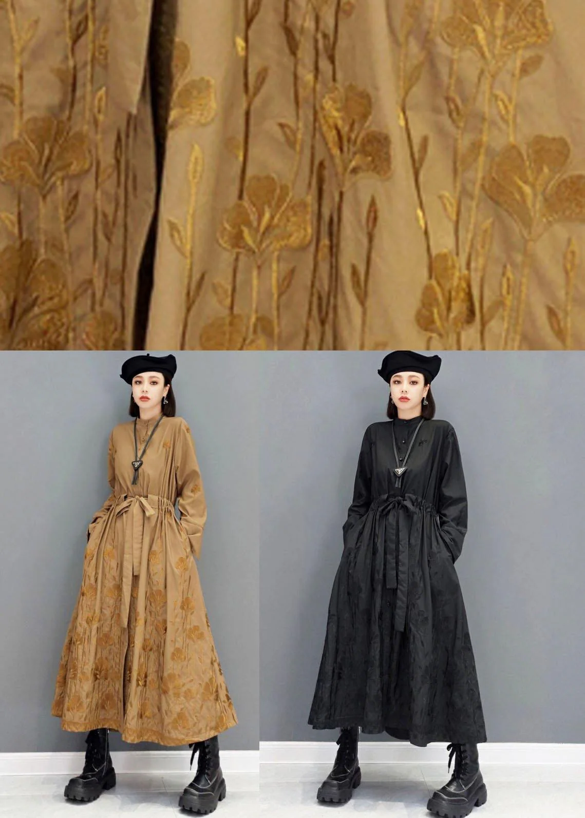 Classy Brown Pockets Tie Waist Embroideried Fall Long Sleeve Long Dress - Image 5