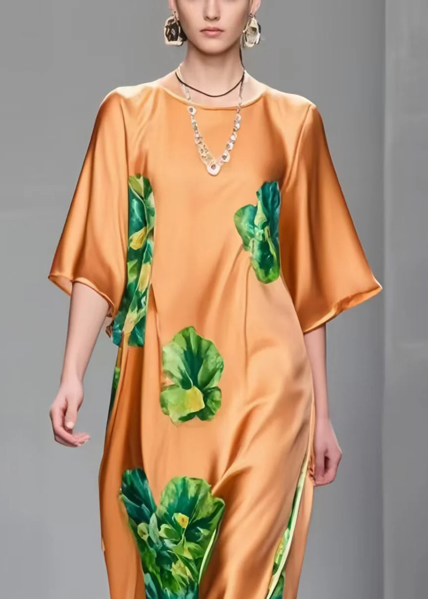 Classy Brown Print Draping Silk Maxi Dresses Half Sleeve - Image 2