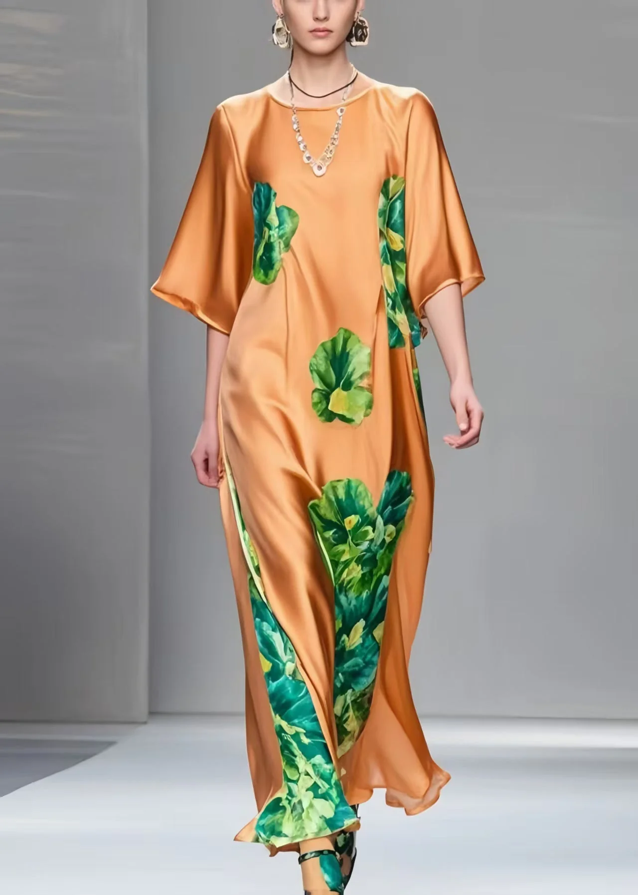 Classy Brown Print Draping Silk Maxi Dresses Half Sleeve - Image 3