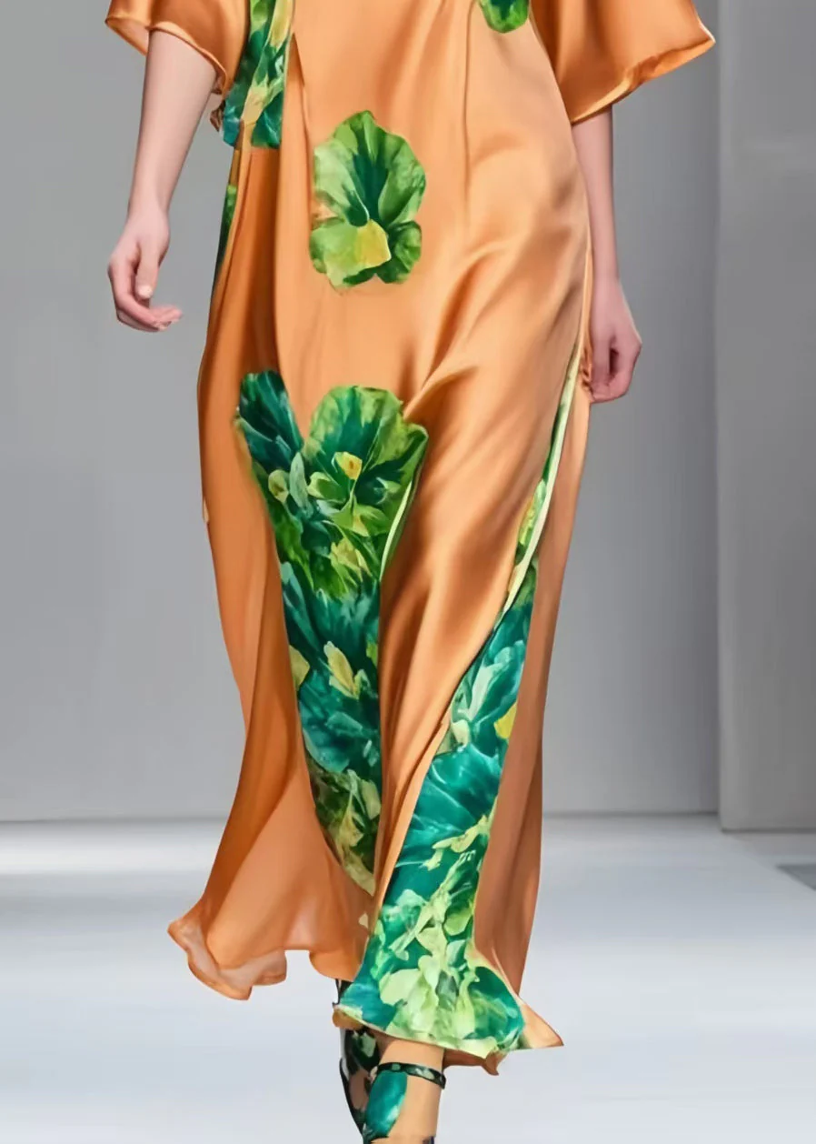 Classy Brown Print Draping Silk Maxi Dresses Half Sleeve - Image 4