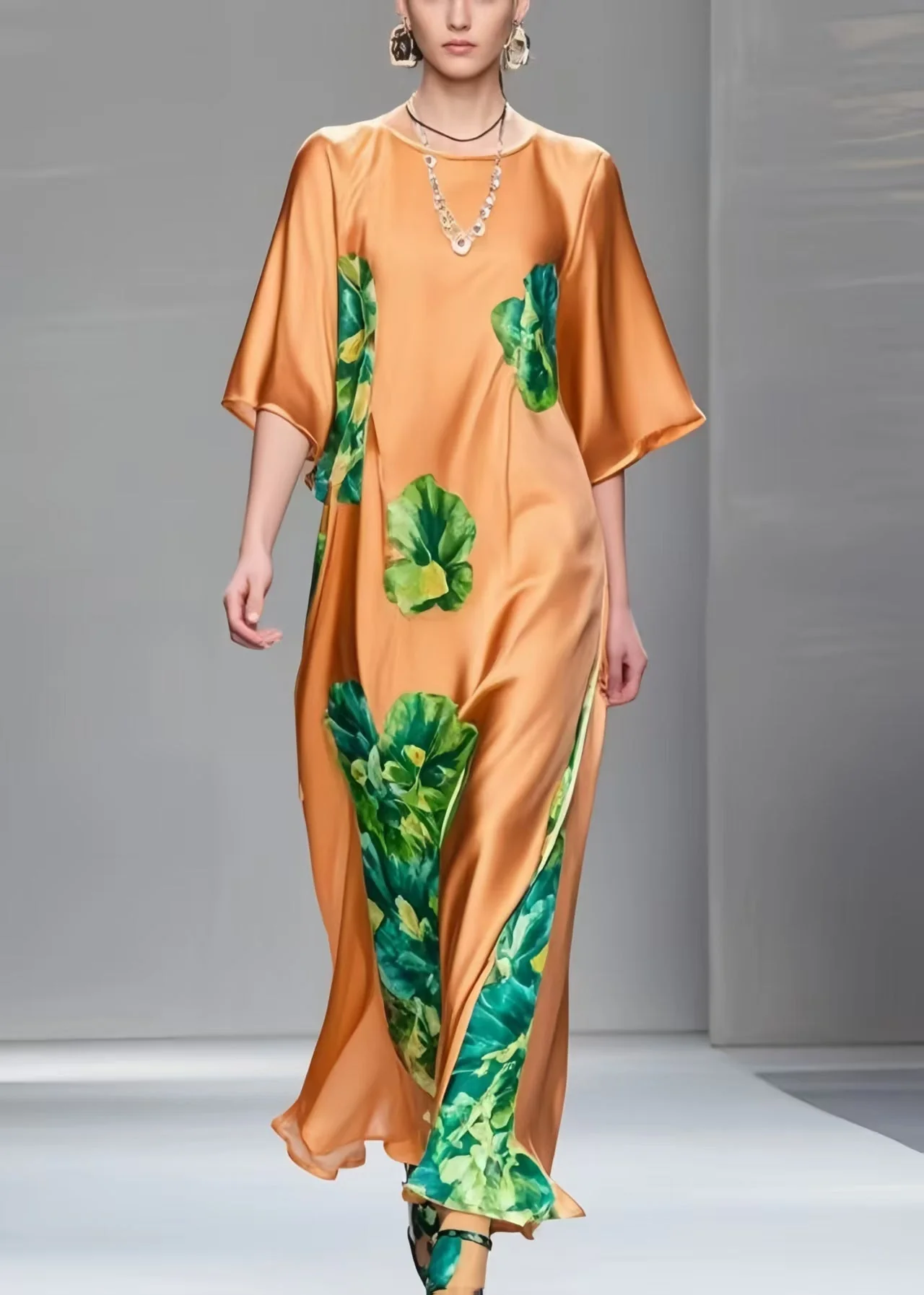 Classy Brown Print Draping Silk Maxi Dresses Half Sleeve - Image 5