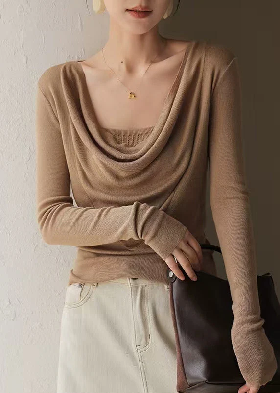 Classy Brown Turtle Neck Silm Fit Knit Top Spring - Image 2