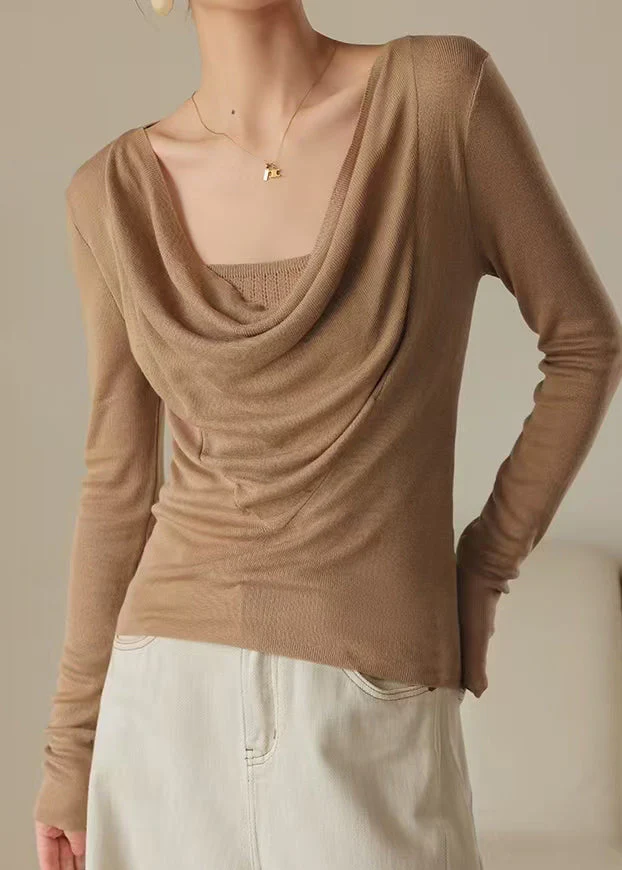Classy Brown Turtle Neck Silm Fit Knit Top Spring - Image 3