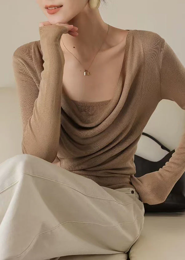 Classy Brown Turtle Neck Silm Fit Knit Top Spring - Image 4