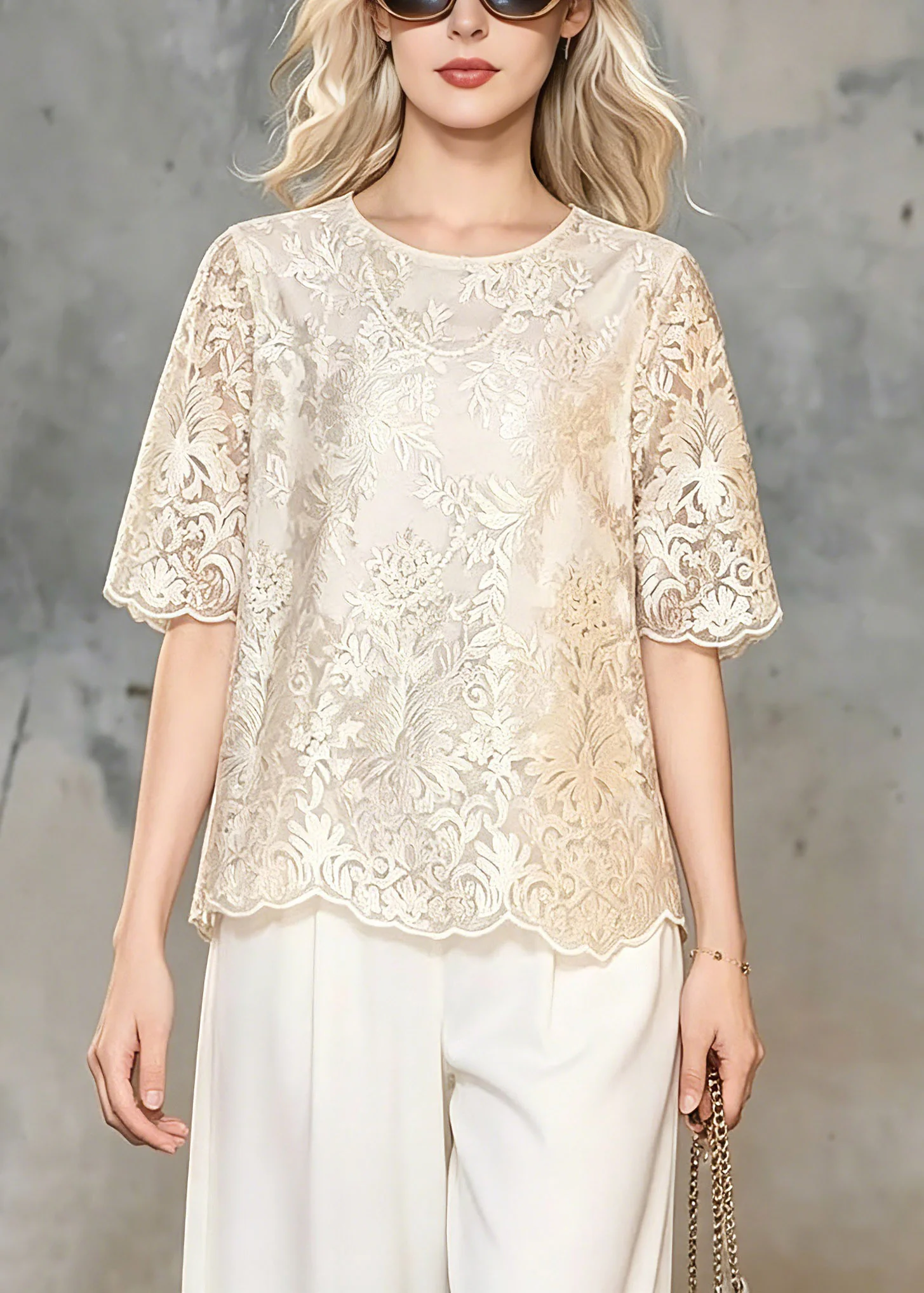 Classy Champagne O-Neck Floral Lace T Shirt Summer - Image 3