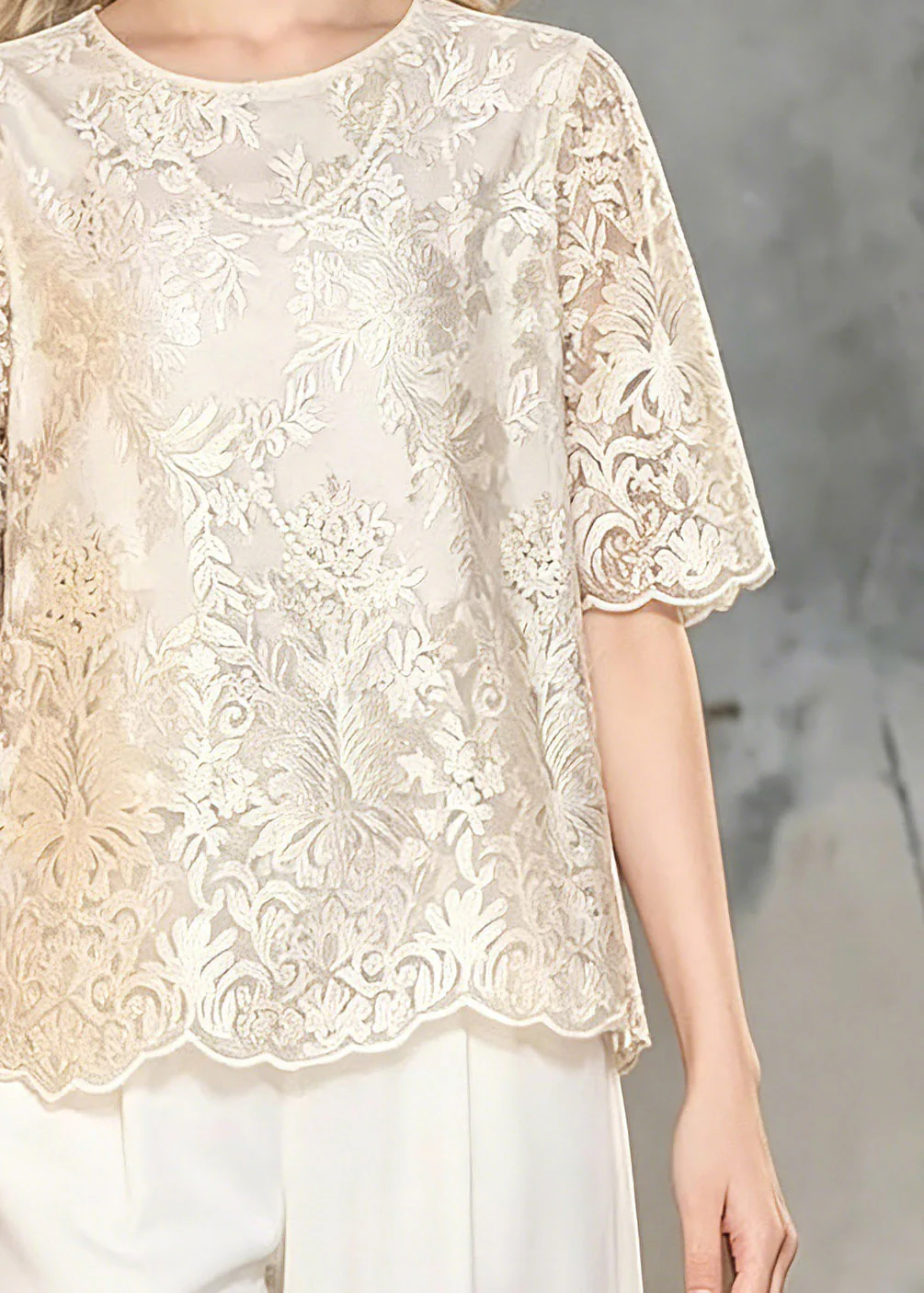 Classy Champagne O-Neck Floral Lace T Shirt Summer - Image 4