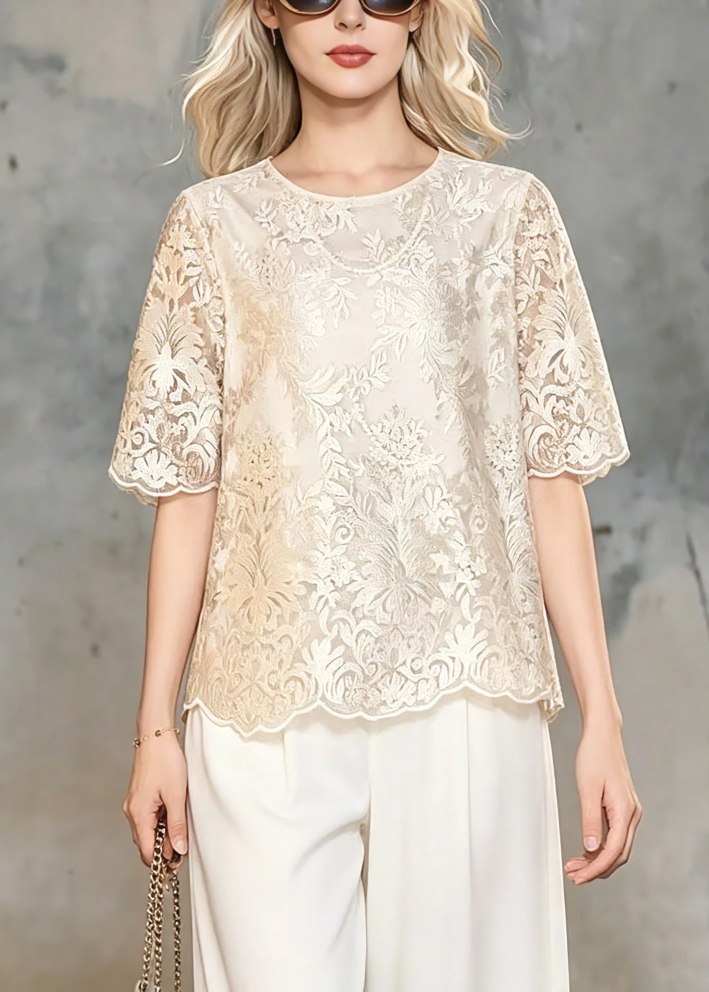 Classy Champagne O-Neck Floral Lace T Shirt Summer - Image 5