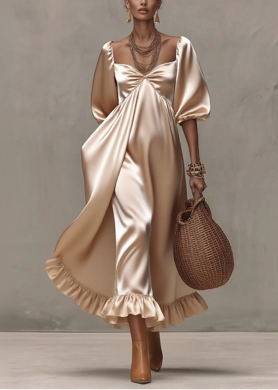 Classy Champagne Square Collar Exra Large Hem Silk Ankle Dress Summer - Image 3