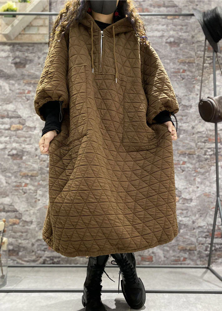 Classy Coffee Hooded drawstring Fine Cotton Filled Dress Winter - Image 3