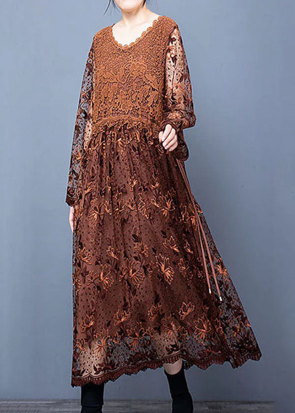 Classy Coffee Lace Embroideried Patchwork Dresses Spring - Image 2