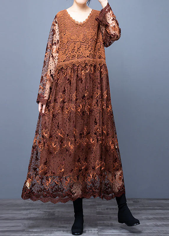 Classy Coffee Lace Embroideried Patchwork Dresses Spring - Image 3