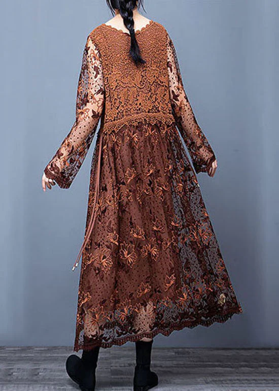 Classy Coffee Lace Embroideried Patchwork Dresses Spring - Image 4