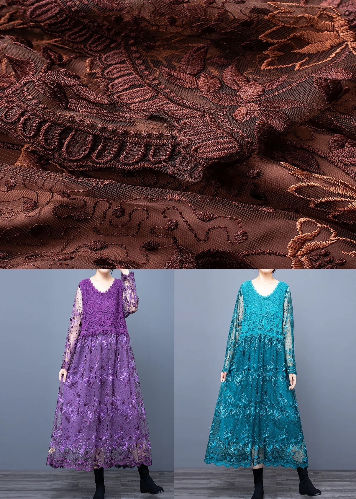Classy Coffee Lace Embroideried Patchwork Dresses Spring - Image 5