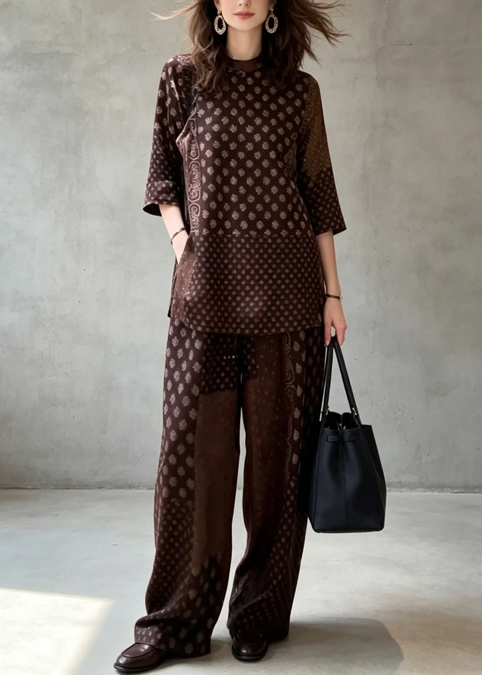 Classy Coffee Print Top And Pants Silk Two Pieces Set Summer - Image 3