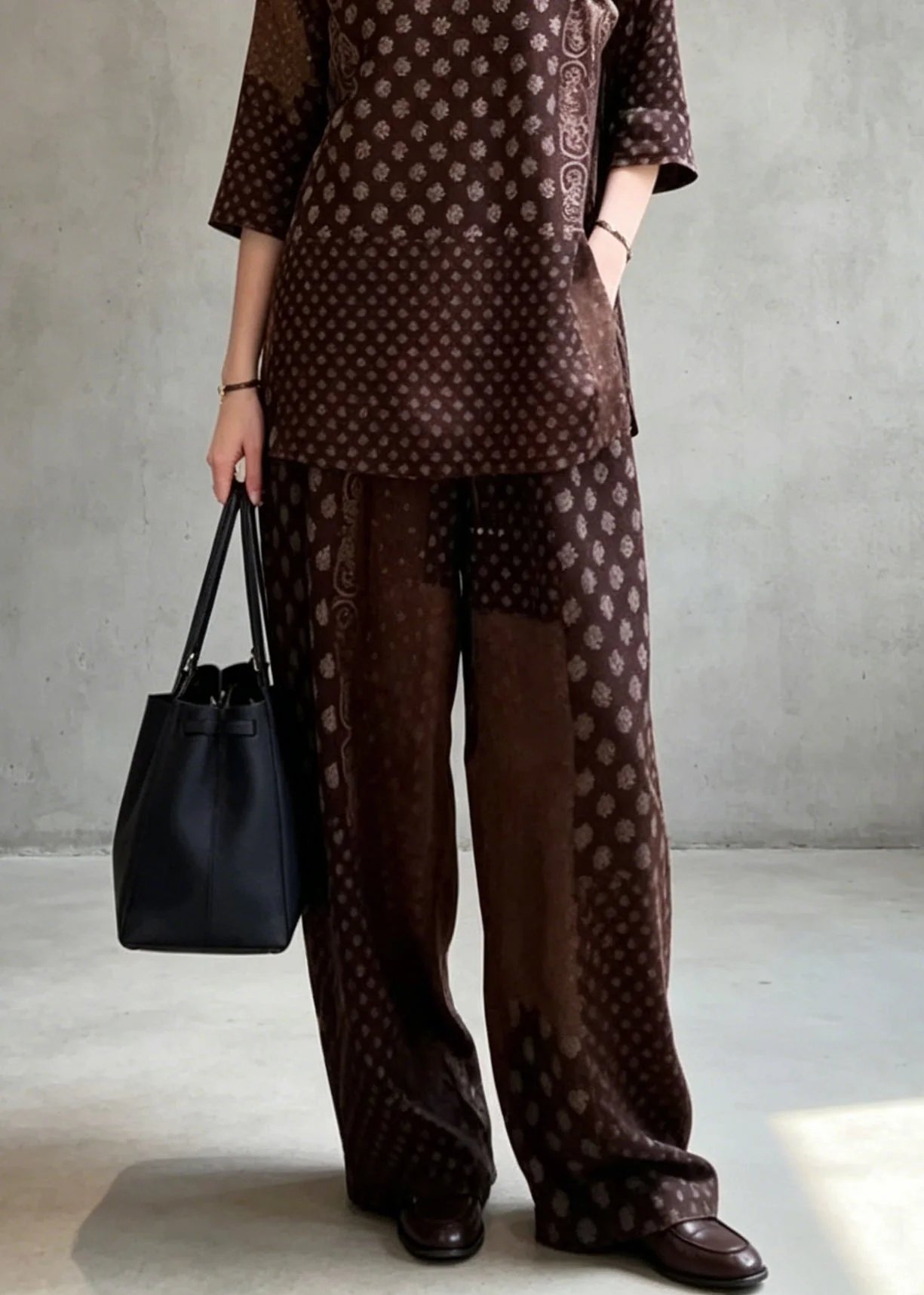 Classy Coffee Print Top And Pants Silk Two Pieces Set Summer - Image 4