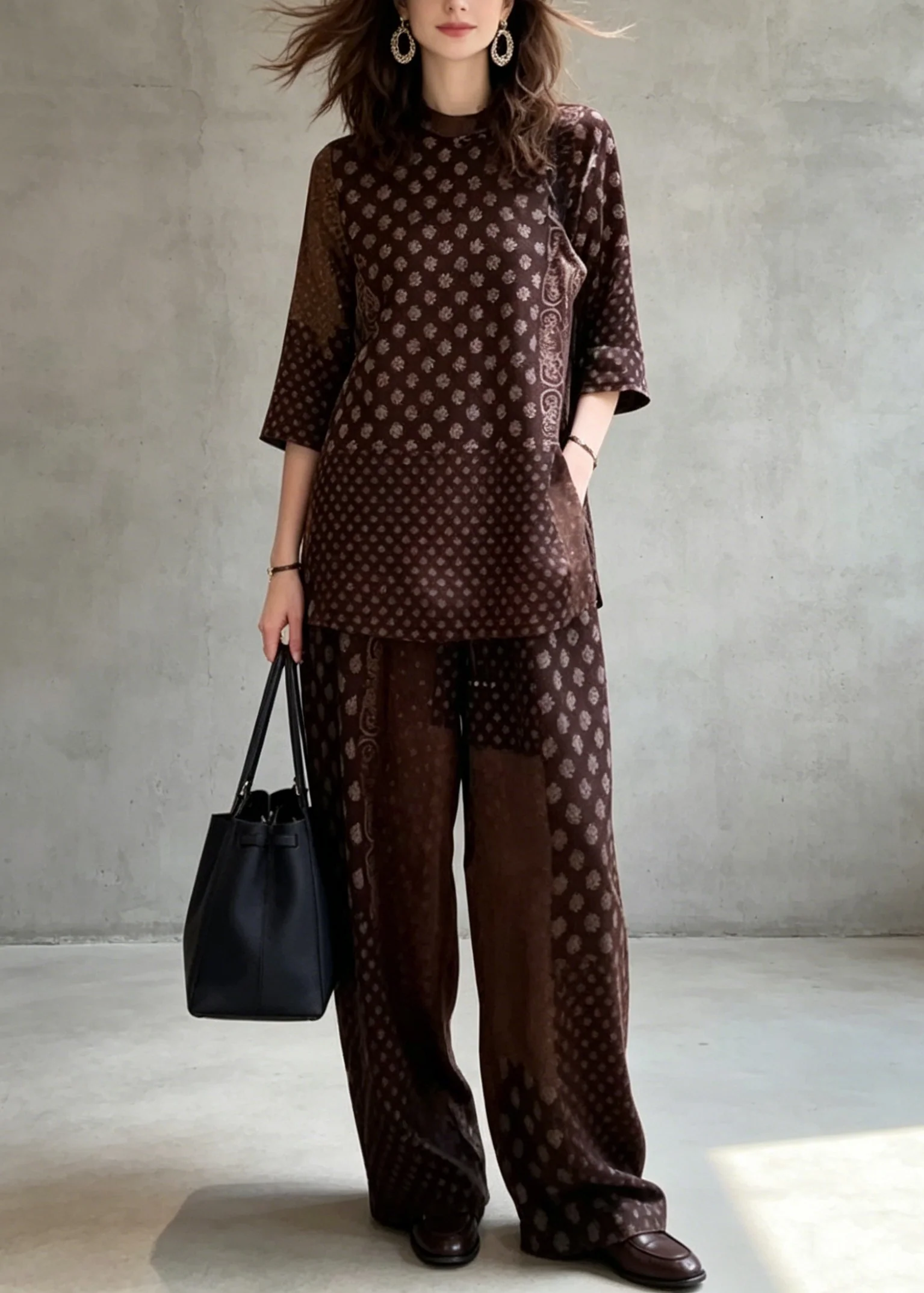 Classy Coffee Print Top And Pants Silk Two Pieces Set Summer - Image 5