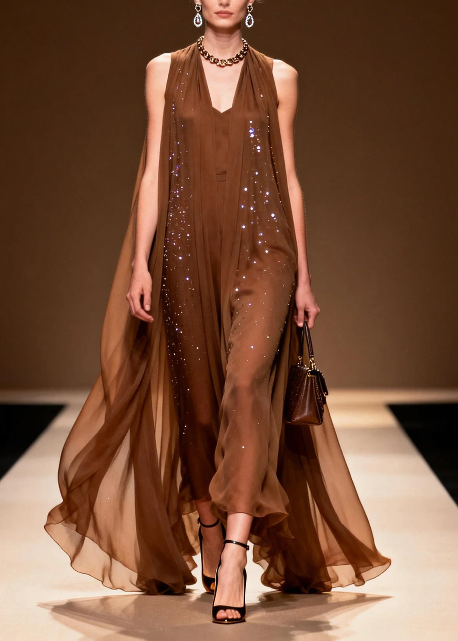 Classy Coffee V Neck Zircon Chiffon Robe Dresses Sleeveless - Image 3