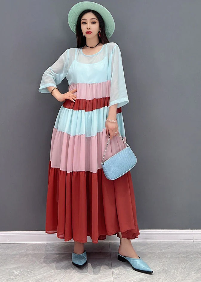 Classy Colorblock O-Neck Patchwork Layered Chiffon Pleated Long Dress Bracelet Sleeve - Image 2