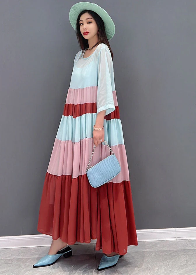Classy Colorblock O-Neck Patchwork Layered Chiffon Pleated Long Dress Bracelet Sleeve - Image 3
