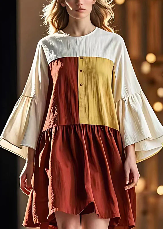 Classy Colorblock O-Neck Patchwork Linen Beach Dresses Flare Sleeve - Image 2