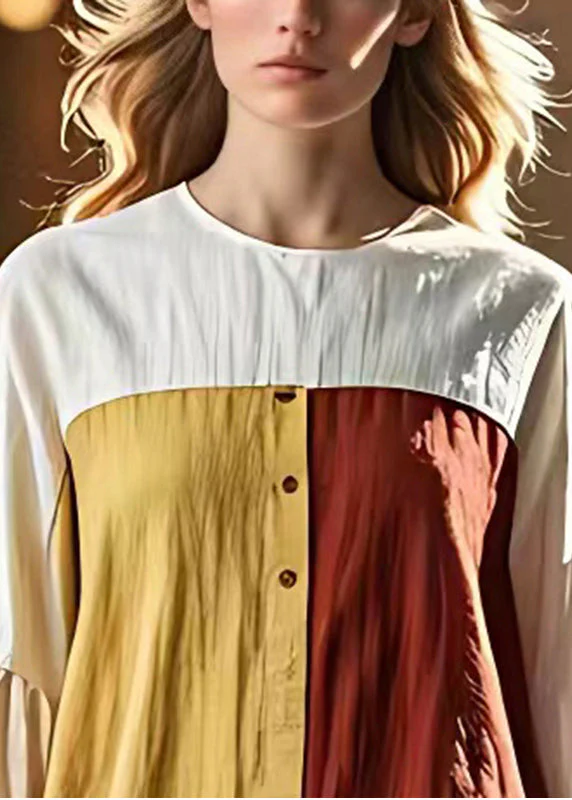 Classy Colorblock O-Neck Patchwork Linen Beach Dresses Flare Sleeve - Image 3