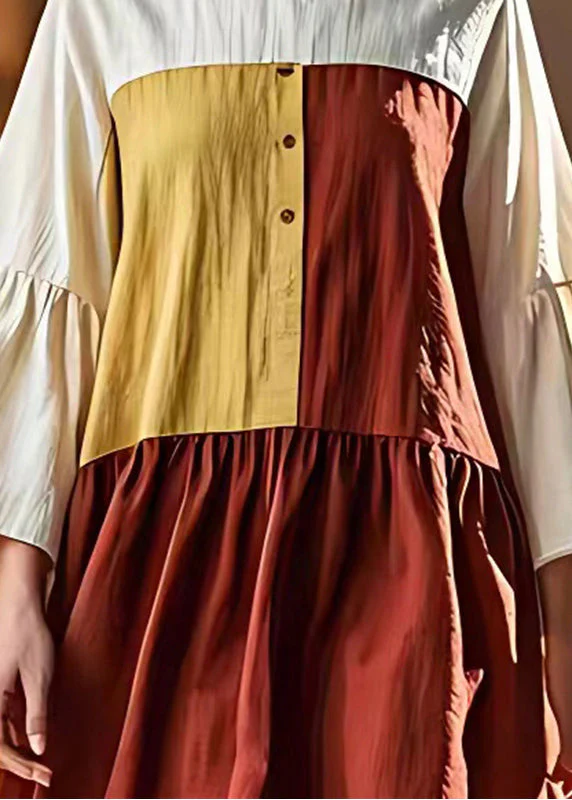 Classy Colorblock O-Neck Patchwork Linen Beach Dresses Flare Sleeve - Image 4