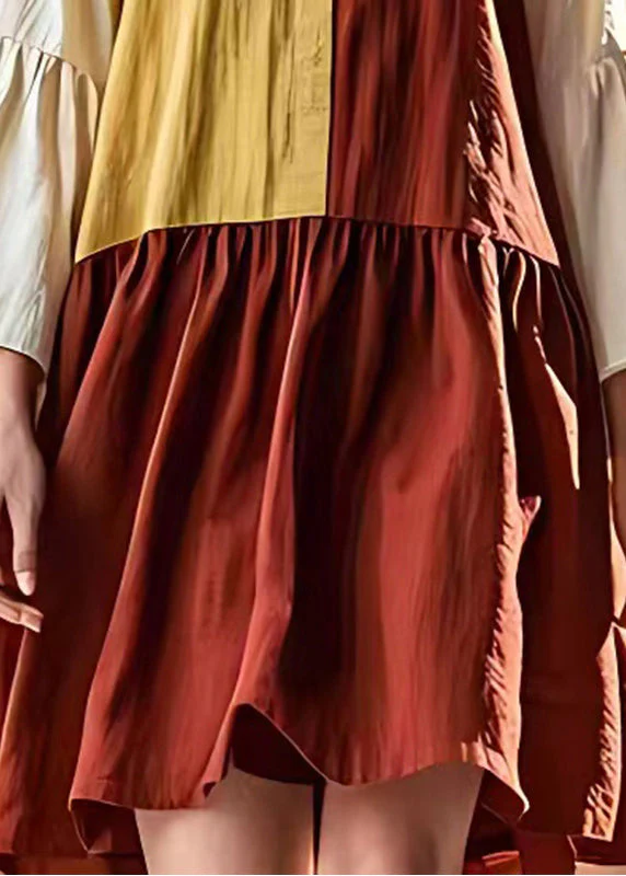 Classy Colorblock O-Neck Patchwork Linen Beach Dresses Flare Sleeve - Image 5