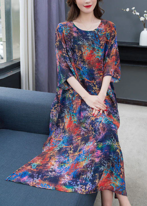 Classy Colorblock O Neck Side Open Patchwork Chiffon Dress Summer - Image 2